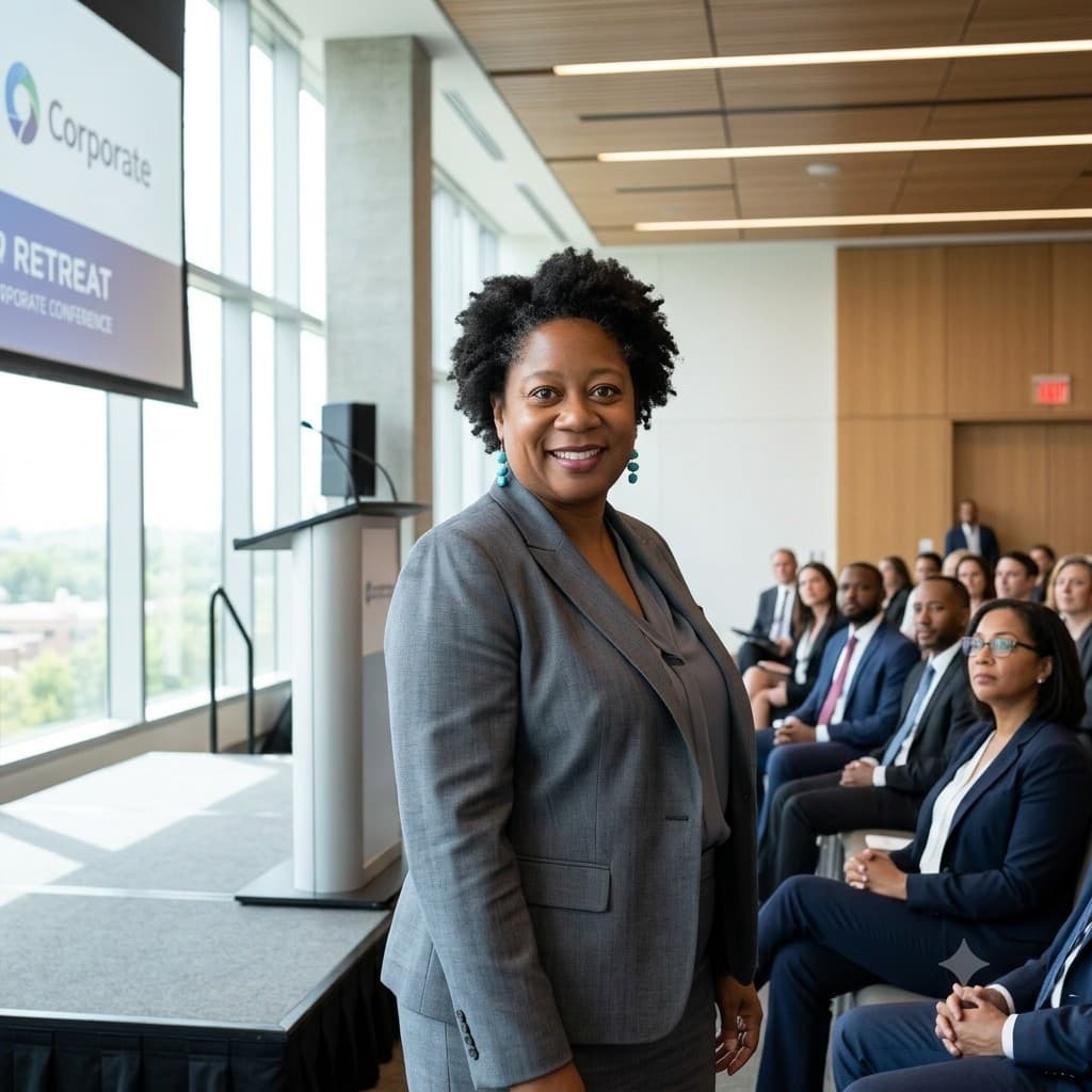 Jennifer delivering a keynote at a corporate conference